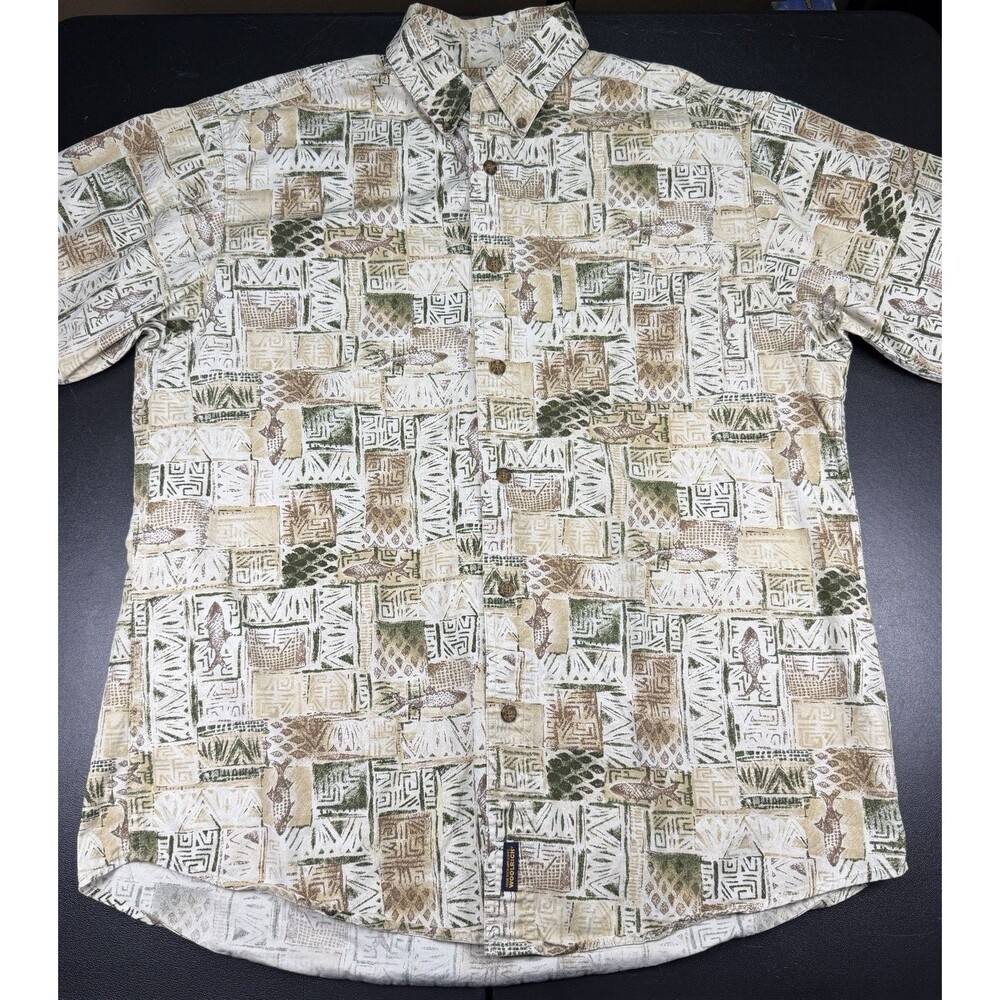 John Rich And Bros Woolrich Mens Khaki Prim Fish Short Sleeve Button Up Size L